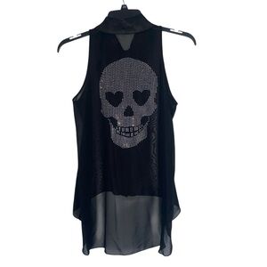 Black Sheer Hi Low Rhinestone Skull Blouse Sleeveless Sz M Button Up Collard